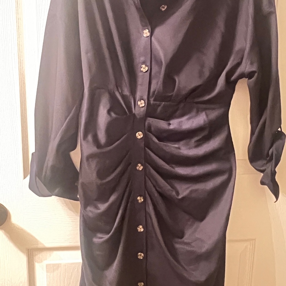Satin Ruched Button-Front Dress in Deep Navy